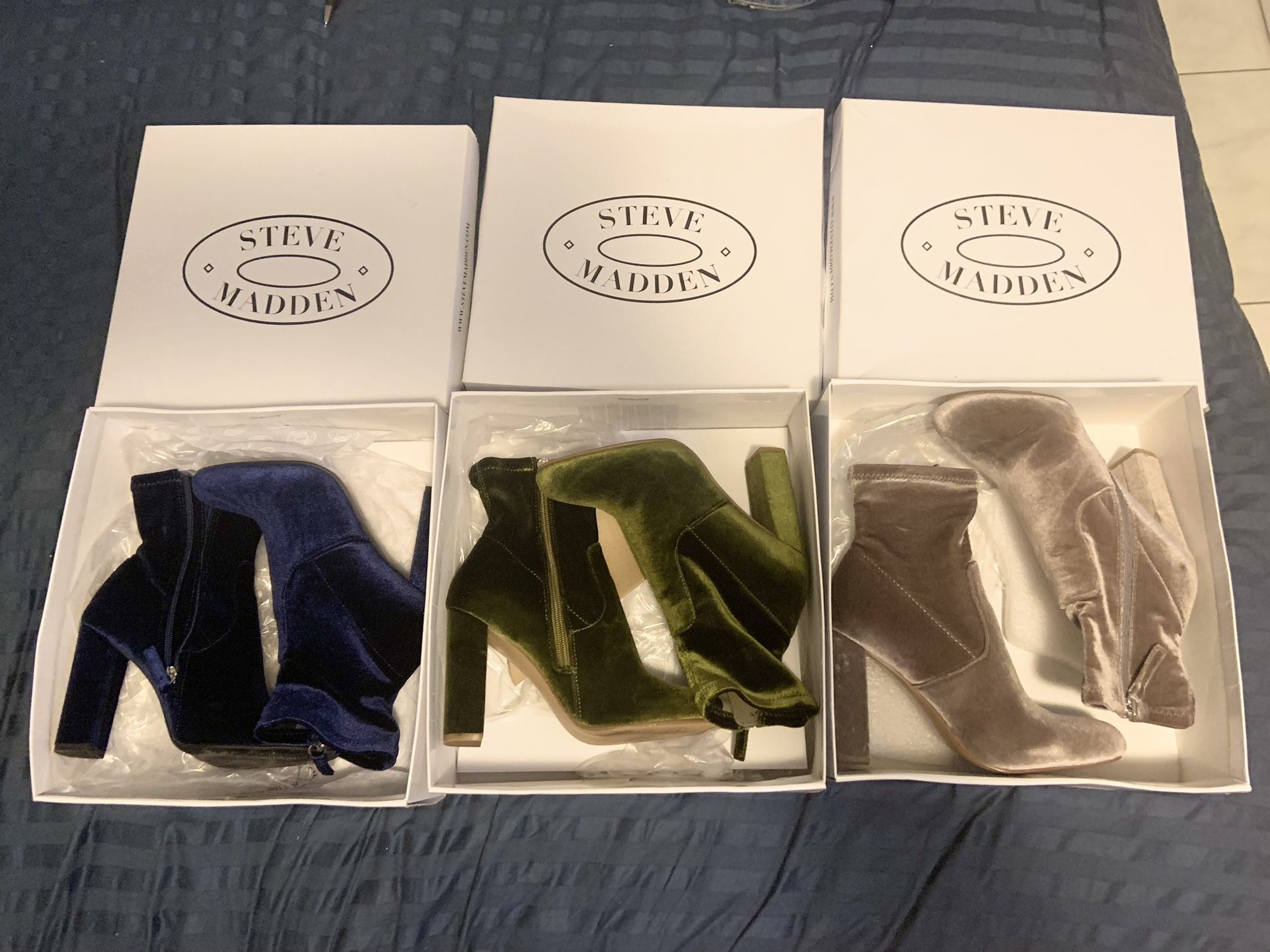 Ladies Boots. Steve Madden Velvet Boots. Green, Taupe Or Blue $45 Each 