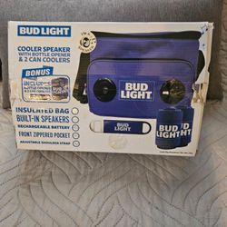 Bud Light Cooler Speaker With Bottle Opener And 2 Can Coolers 