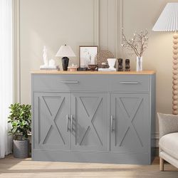 42" Buffet Cabinet with Storage, Kitchen Barn Door Cabinet Modern Farmhouse Sideboard with 3 Doors, Wood Coffee Bar Cabinets with Adjustable Shelf for