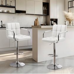 Bar Stools Set of 2, PU Leather Adjustable Swivel Barstools, Hydraulic Kitchen Counter Height Bar Chairs with Armrest and Back for Bar, Kitchen