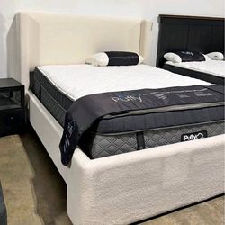 Queen bed white ivory boucle platform bed