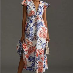 Farm Rio White Multi Printed Ruffle-Sleeve V-Neck Dress Size M Lobsters Red