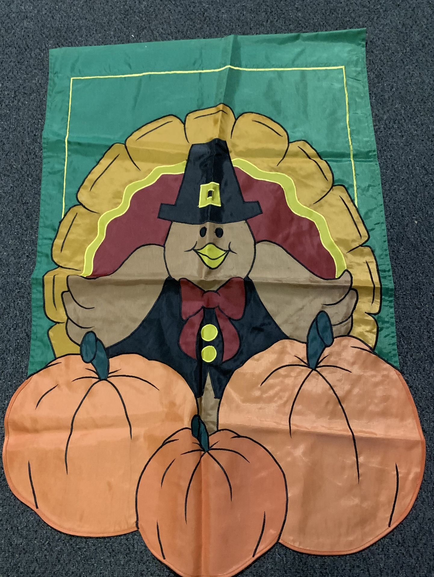 Large 28” x 40” thanksgiving embroidered turkey with pumpkins double sided garden