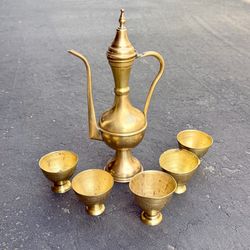 Vintage Brass Turkish Arabic Dallah Set - 5 Goblet Cups & Teapot Etched Pyramid