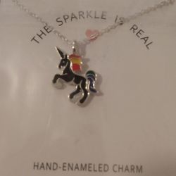 BRAND NEW IN PACKAGE HAND ENAMELED CHARM PENDANT BLACK UNICORN 16" SILVER NECKLACE WITH 2" EXTENDER 