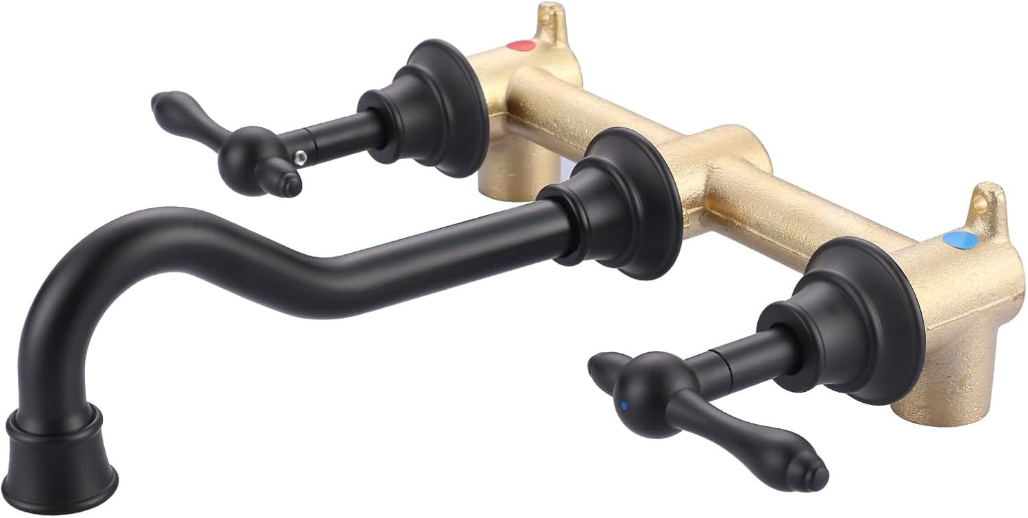 Black Bathroom Faucet Wall Mount: WOWOW Brass Bathroom Sink Faucets 2 Handle and Rough in Valve Included 8 Inch Lavatory Faucet 3 Hole Antique Tap