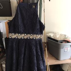 Navy Blue Evening Dress Sequins On Front Waistline !