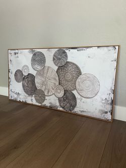 BRAND NEW 58x29 Wood Framed Taupe/Grey/White Boho Layered Plates Canvas Artwork