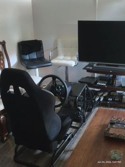 Racing game chair, steering wheel, shifter and pedals