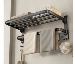 Bathroom, 24-Inch Towel Shelf with Towel Bar Foldable Towel Holder with 7 Hooks Towel Storage Organizer for Bathroom & Lavatory Wall Mounted(Matte Bla