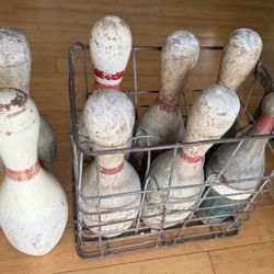 Vintage Wooden Bowling Pins with Metal Crate