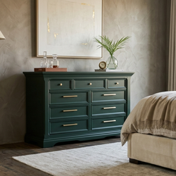 Designer Solid Wood 9-Drawer Dresser – Deep Forest Green