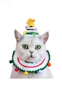 New Festive Christmas Tree Cat & Dog Crocheted Costume Hat & Collar Set