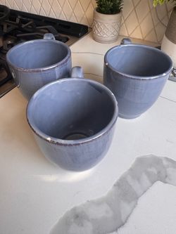 Set of 3 Blue Glazed Ceramic Mugs