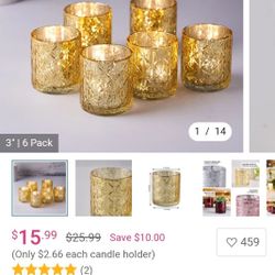 12 Pack | 3" Shiny Gold Mercury Glass Candle Holders, Votive Tealight Holders - Geometric Design


