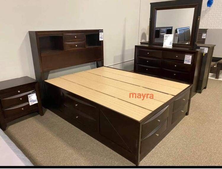 ☆ Emily Dark Cherry Storage Platform Beddroomset/Queen,king size Available/Discount Code 👈/Delivery Available 🚚/Home Decor ♥️ Household, 