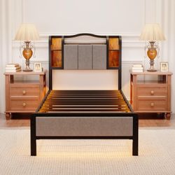 Twin Firm price $200 Black Metal Frame Wooden Shelf with Padded Panel Headboard/Footboard Platform Bed + LED Rails w/ Remote + USB & Power Outlet (Ful