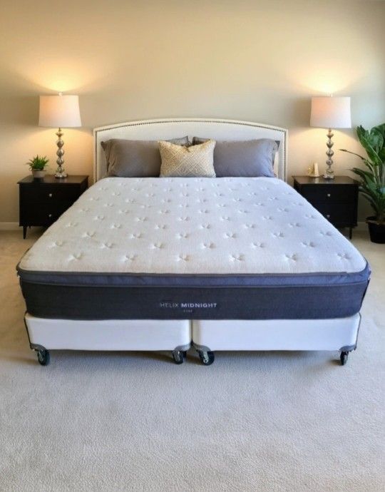 Newer King Helix Midnight Luxe 13.5" Pillowtop Mattress, Boxsprings and Metal Bed Frame