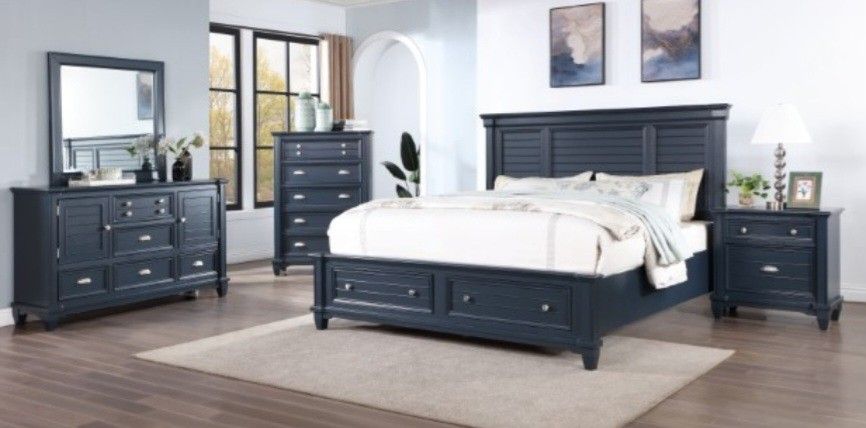 Brand New Blue 4pc Queen Bedroom Set (Available In California & Eastern King)