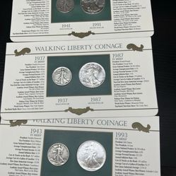 Lot Of 3 Silver Eagles & Half Dollars Walking Liberty Coinage Album 1987,91,93