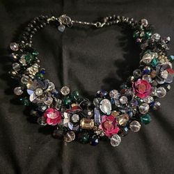 Vintage Rhinestone & Simulated Onyx Silver & Red Floral Green Choker Necklace