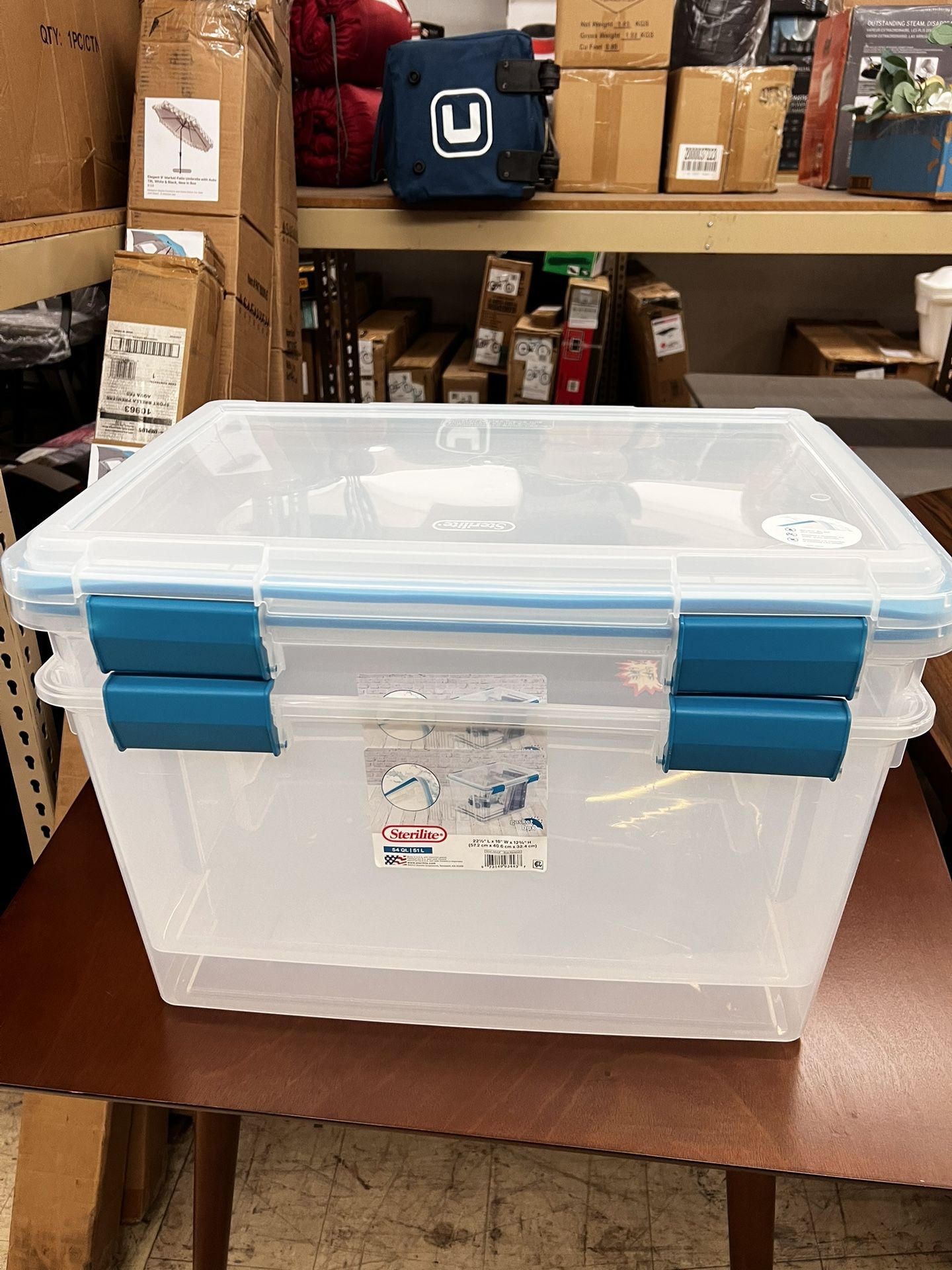 54 Quart Gasket Box, Weather Resistant Clear Storage Bin with Latch Lid, Blue, New