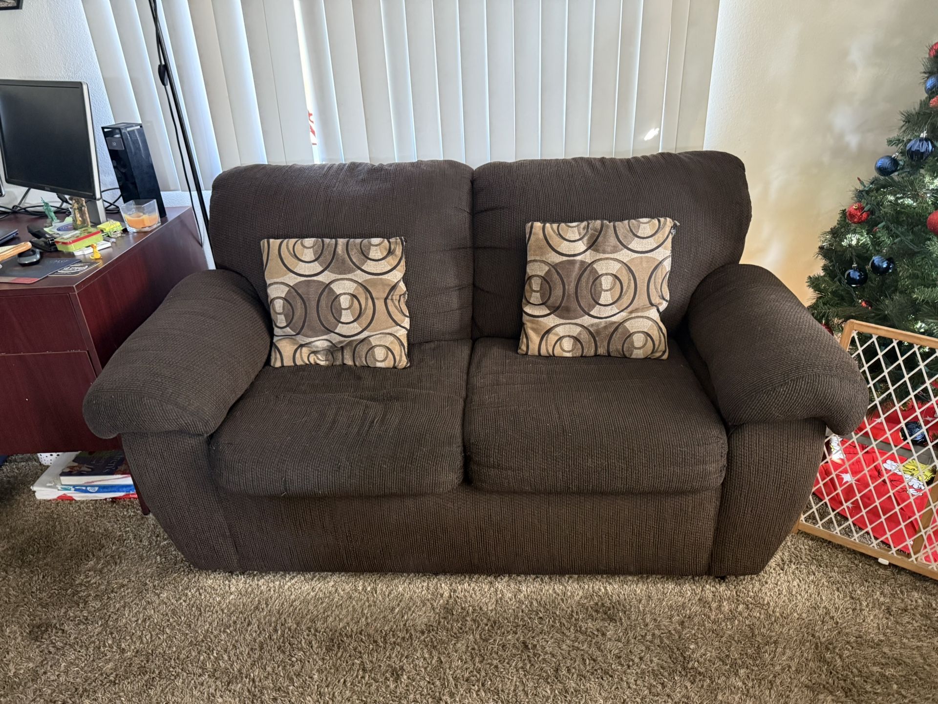 2 Brown Cloth Sofa’s , Love Seat And Couch Both Used