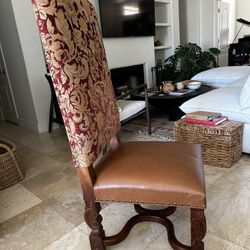 54” H Old World Carved Wood & Leather Chair