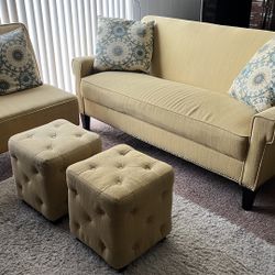 Living room Couch, Love Seat, Chair, and Ottomans. 