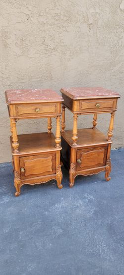 Vintage French-Style Marble Top Nightstands – Matching Pair