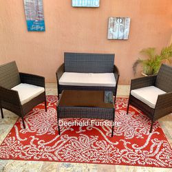 New Brown Wicker Patio Set with  Cushions - 4 pc Outdoor Wicker Furniture Set