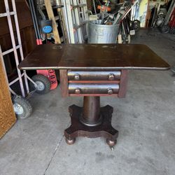 Antique Gothic Style Solid Wood Drop Leaf Pedestal Table w/ Dovetail Drawers – Victorian Inspired DIY Project 