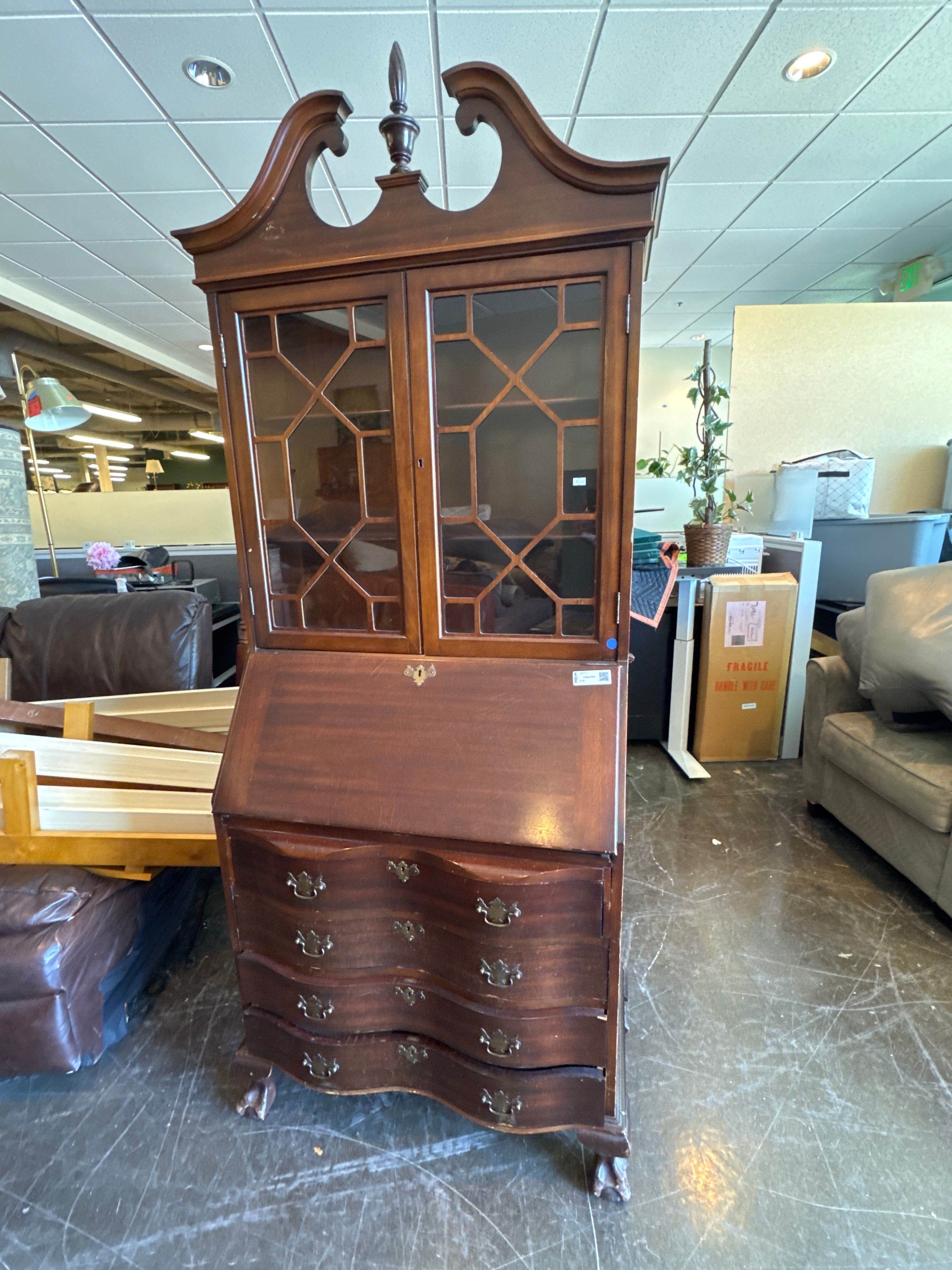 Vintage Ornate Hutch - One Solid Piece with Secretary Style Pull Down Desk