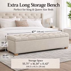Extra Long Storage Bench – Beige Upholstered Bedroom Bench with Hidden Storage