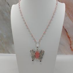 Handmade Red Watermelon Tourmaline Butterfly Pendant, Beaded Necklace