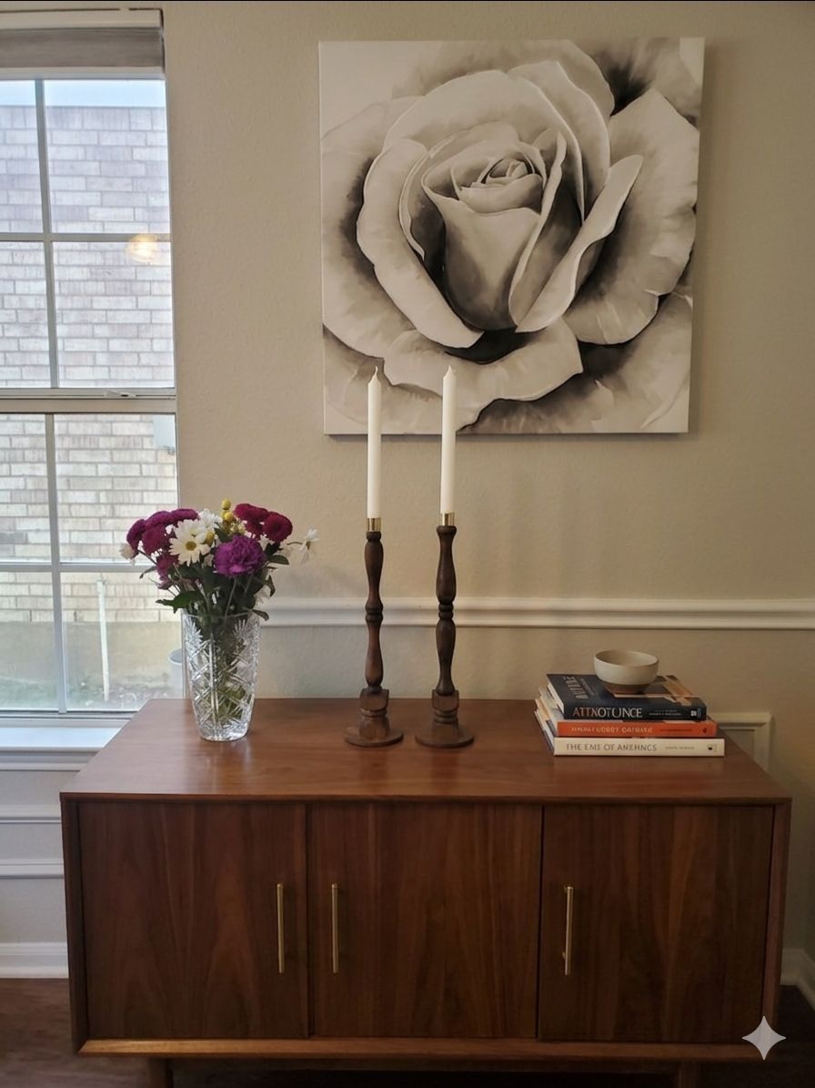 Vintage mid-century modern wooden taper candlesholders turned wood brass accents