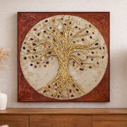 Árbol de la Vida de arte contemporáneo en madera con ágata roja y pan de oro