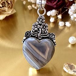Botswana Agate Handcrafted Heart And Flowers Pendant