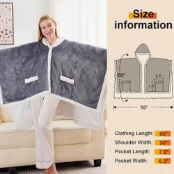 Wearable Heated Throw Blanket Electric Shawl - Heated Robe Poncho Blanket Hoodie