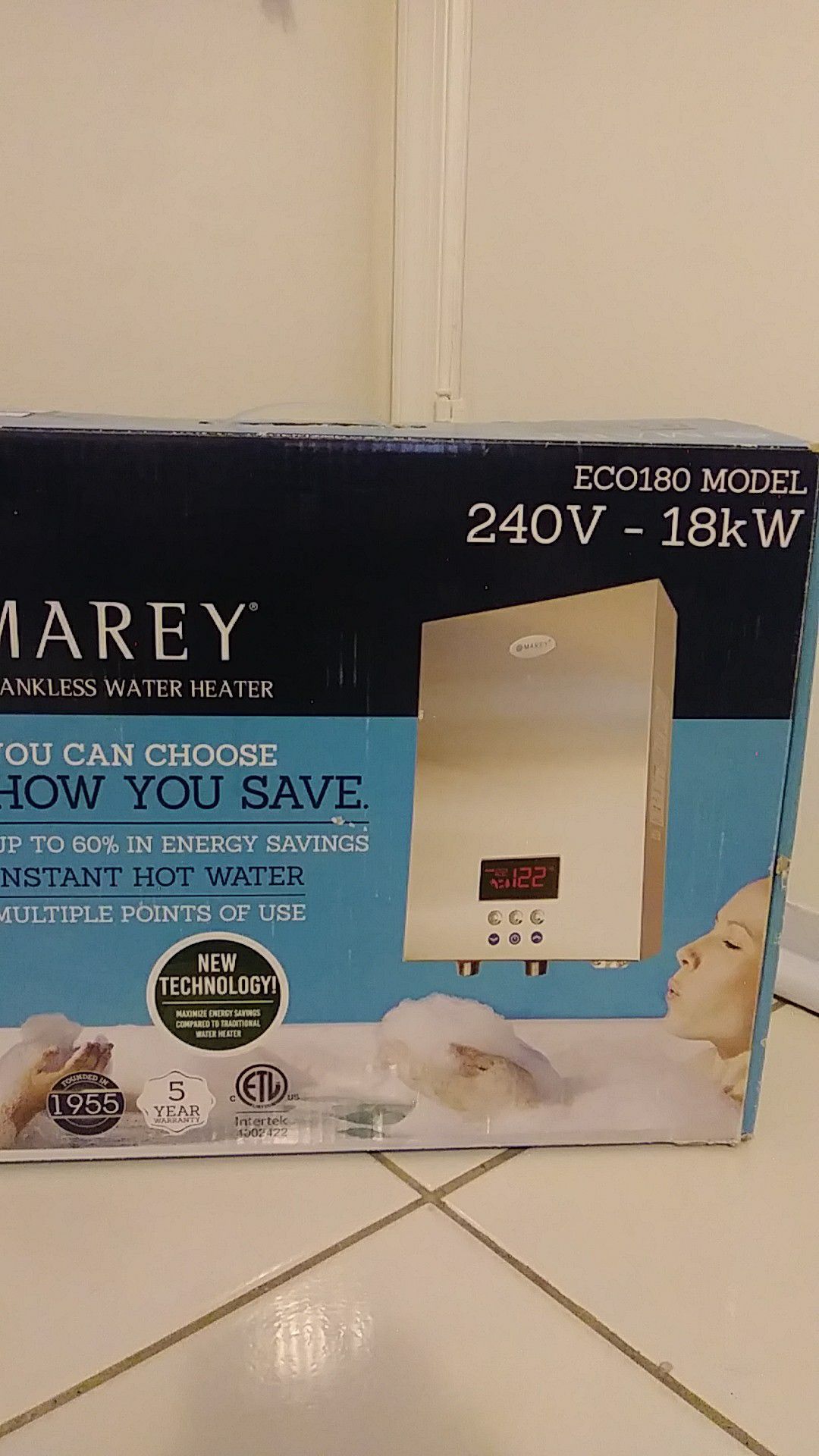 Tankless water heater Marey brand, Model ECO180.