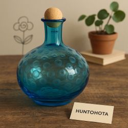 Krosno Poland 2000s Blue Bubble Optic Polka Dot Glass Decanter, 8x6”