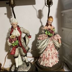 Two Copodimonte European / Italian Vintage Male And Woman Porcelain Lamps  H33”