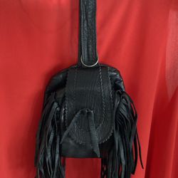 Biker Clip On Fringe Pouch Real Leather Black Lots Of Fringe Unfolds And Zippers Up With Velcro Closures To Fold In Half! New