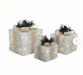 13 in. 3-Piece Lighted Silver Tinsel Gift Box Set with Champagne Ribbon, Outdoor Christmas Decoration