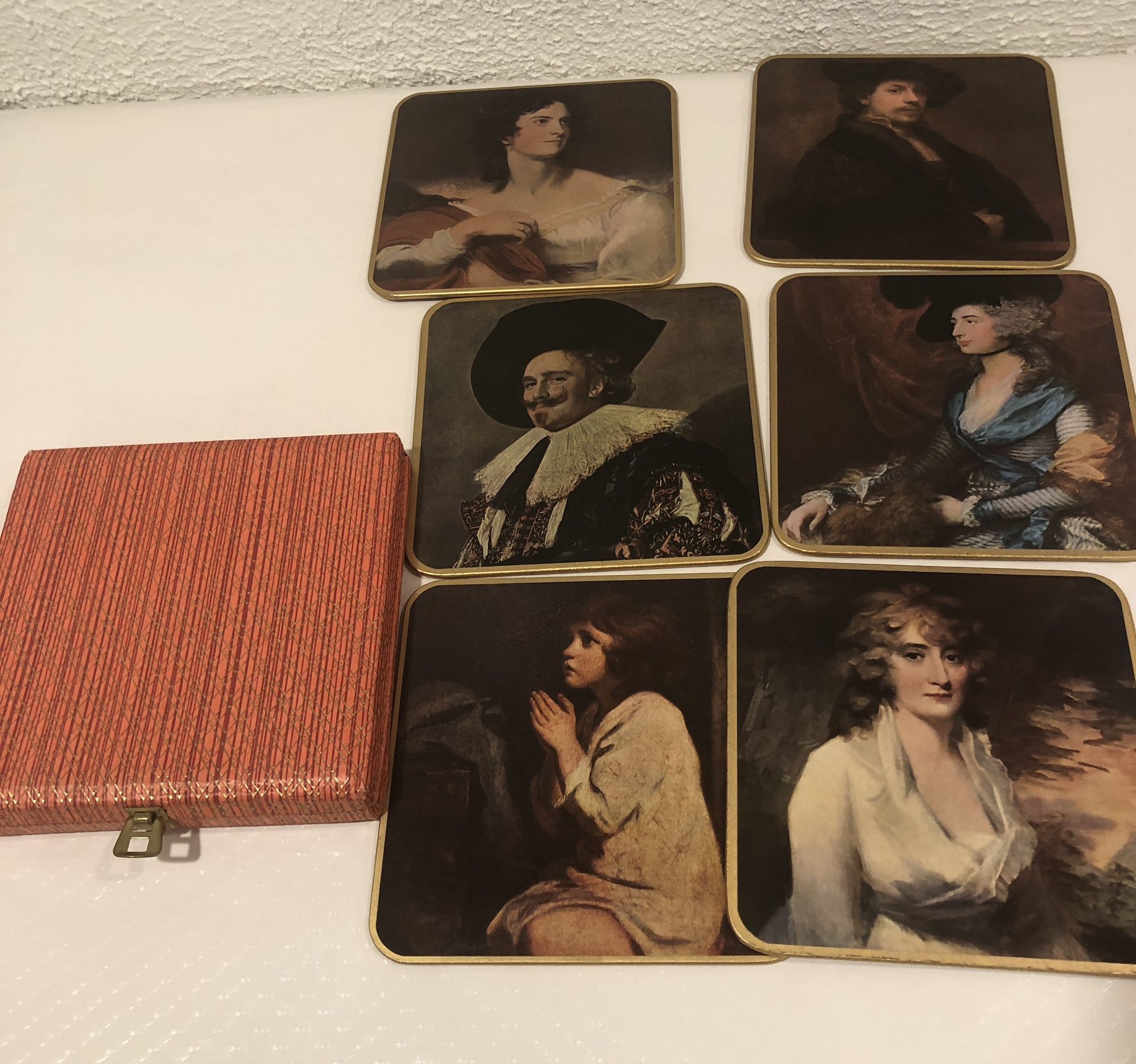 Set Of 6 Vintage Coasters In Box , These Were Produced By Win-El  In England . They Have Famous Painting On One Side And Red Velvet On Other