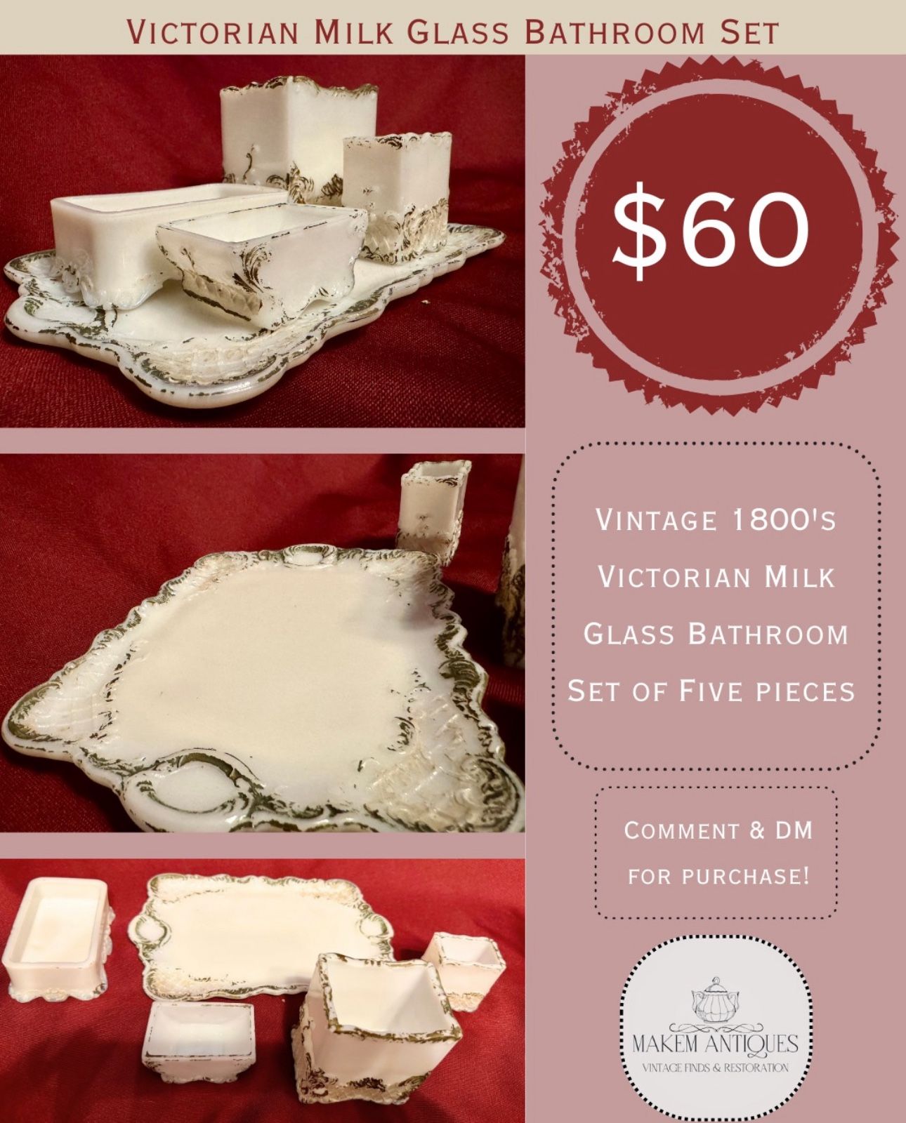 Rare Antique milk glass vanity set with gold trim.