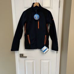 Columbia Men’s Outdoor Waterproof SoftShell Navy Jacket Work Black And Orange Accents. Size S. New with Tags.