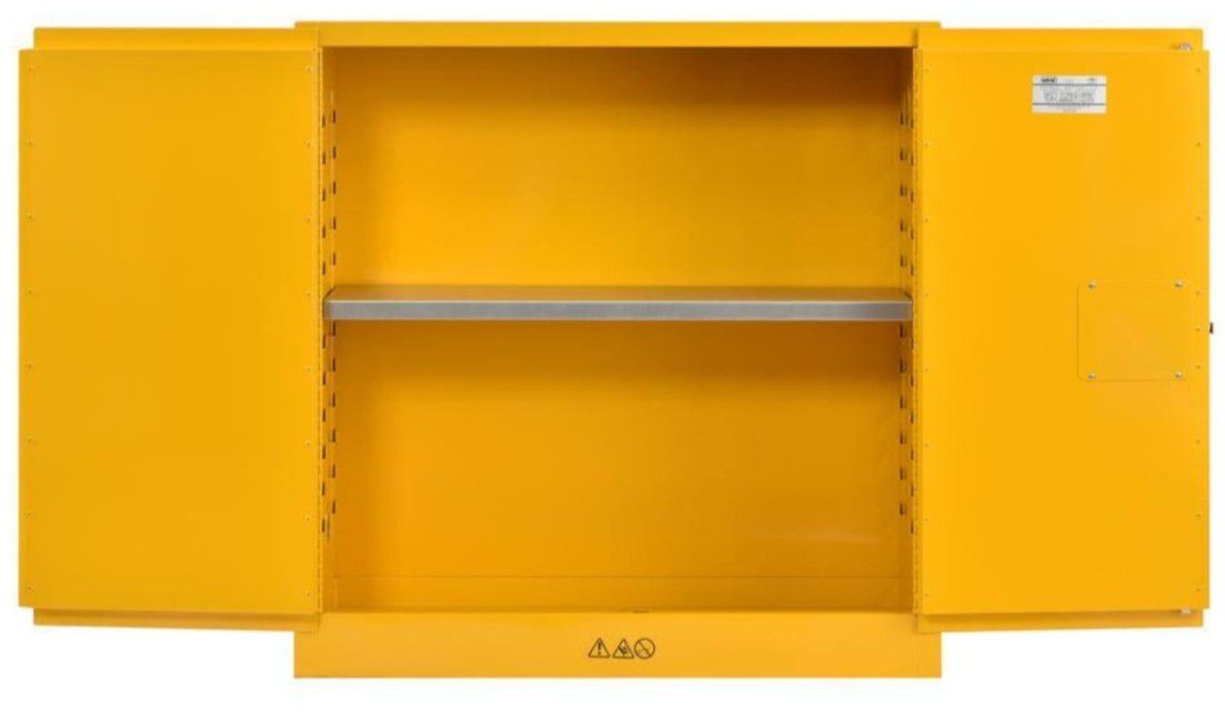 Eagle 1932X Metal Steel Flammable Liquid Safety Cabinet Manual Close Yellow 30 Gallon 1 Shelf 2 Door Self Close Flammable Liquid Cabinet Yellow