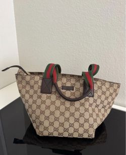 Gucci GG Canvas Tote Bag Beige Brown w/ Green Red Web Straps Zip Closure