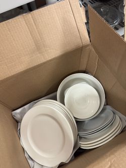 Mixed set of white and gray ceramic plates and bowls & glasses various sizes. Includes multiple dinner plates, salad plates, and bowls. - EVERYTHING $